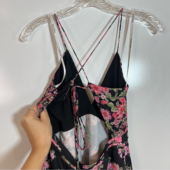 For Love & Lemons Rosalyn Pink Floral Ruffled Bohemian Formal V Neck Maxi Dress - Picture 13 of 15